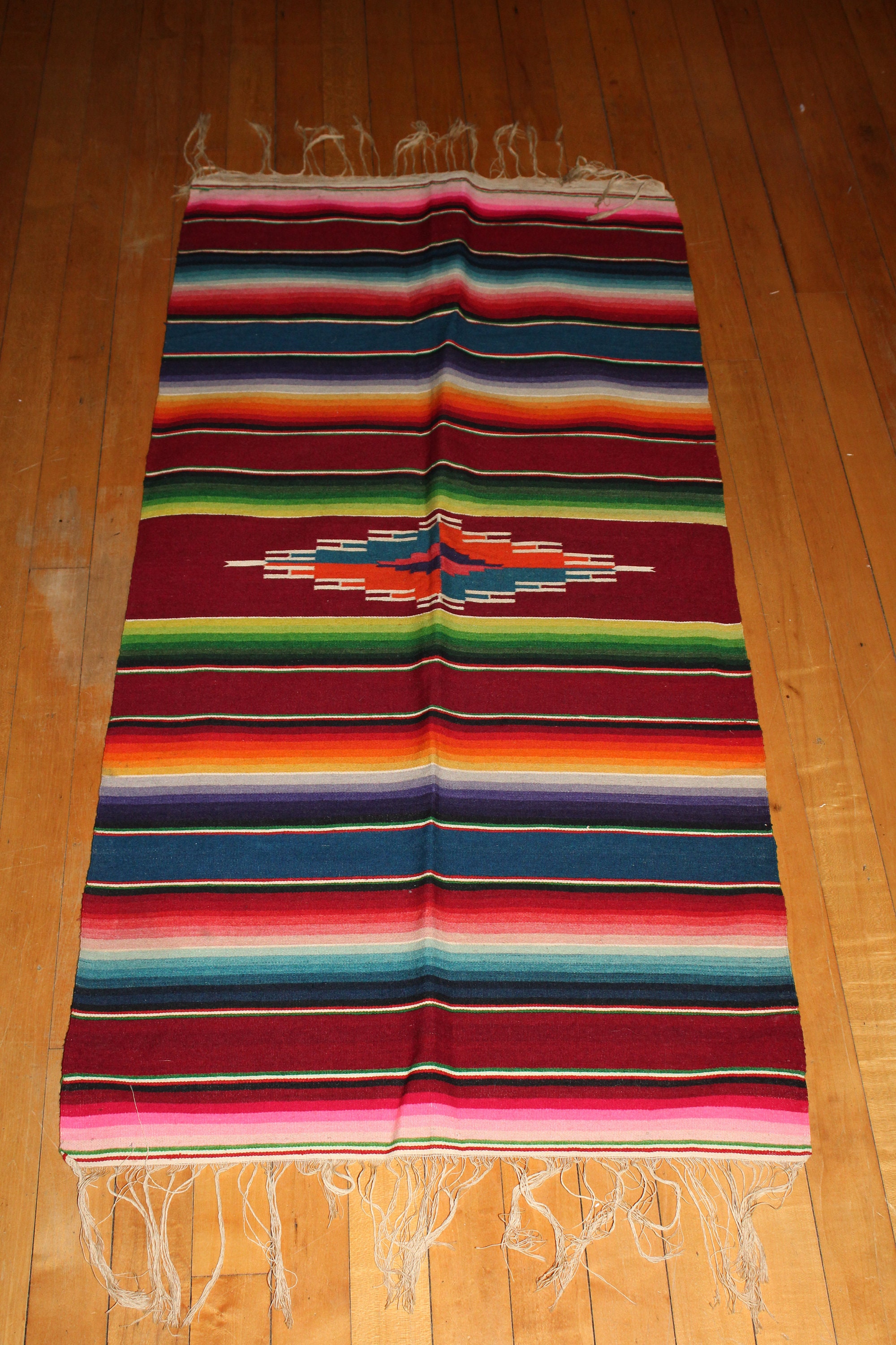 Vintage Mexican or Southwestern Blanket Serape Throw Rug Red Stripes