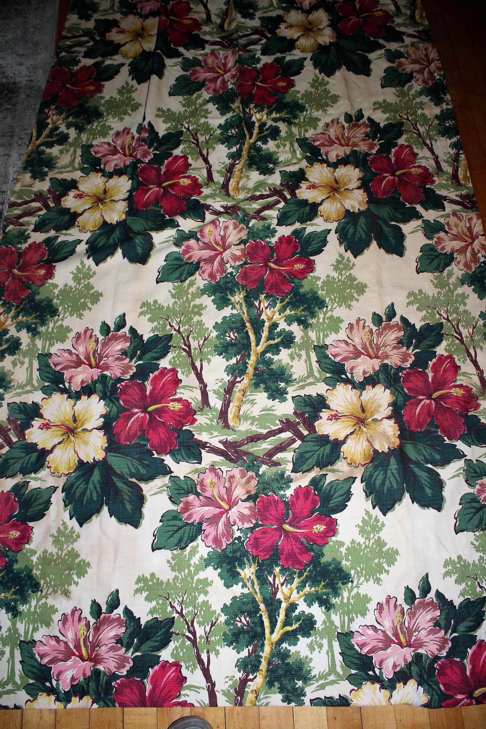 Vintage 1950s Barkcloth 3 Panels Mid Century 92 x 44 Inch Hibiscus