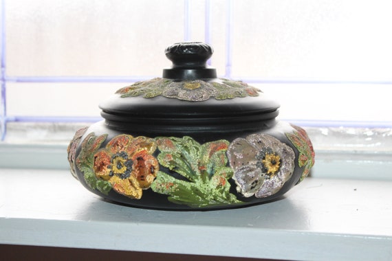 Vintage Black Satin Tiffin Glass Jar Painted Poppi