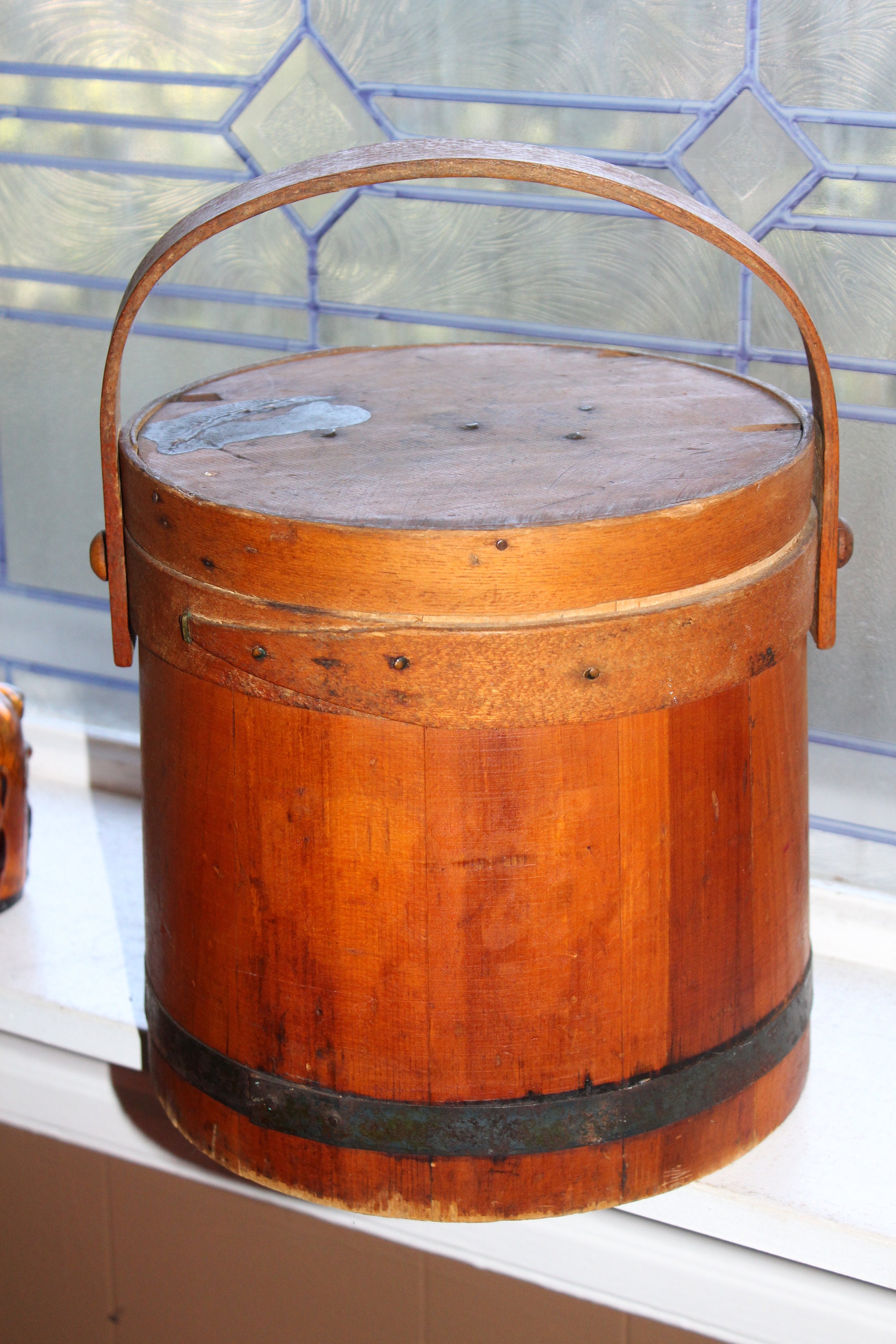 Antique Wood Firkin with Wooden Bale Handle Rustic Farmhouse Decor