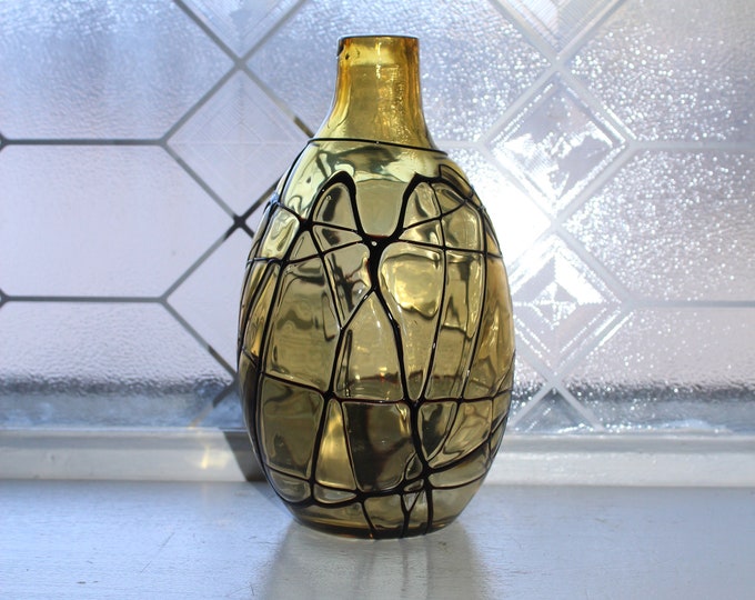 Studio Art Glass Bottle Vase Amber With Black Threads