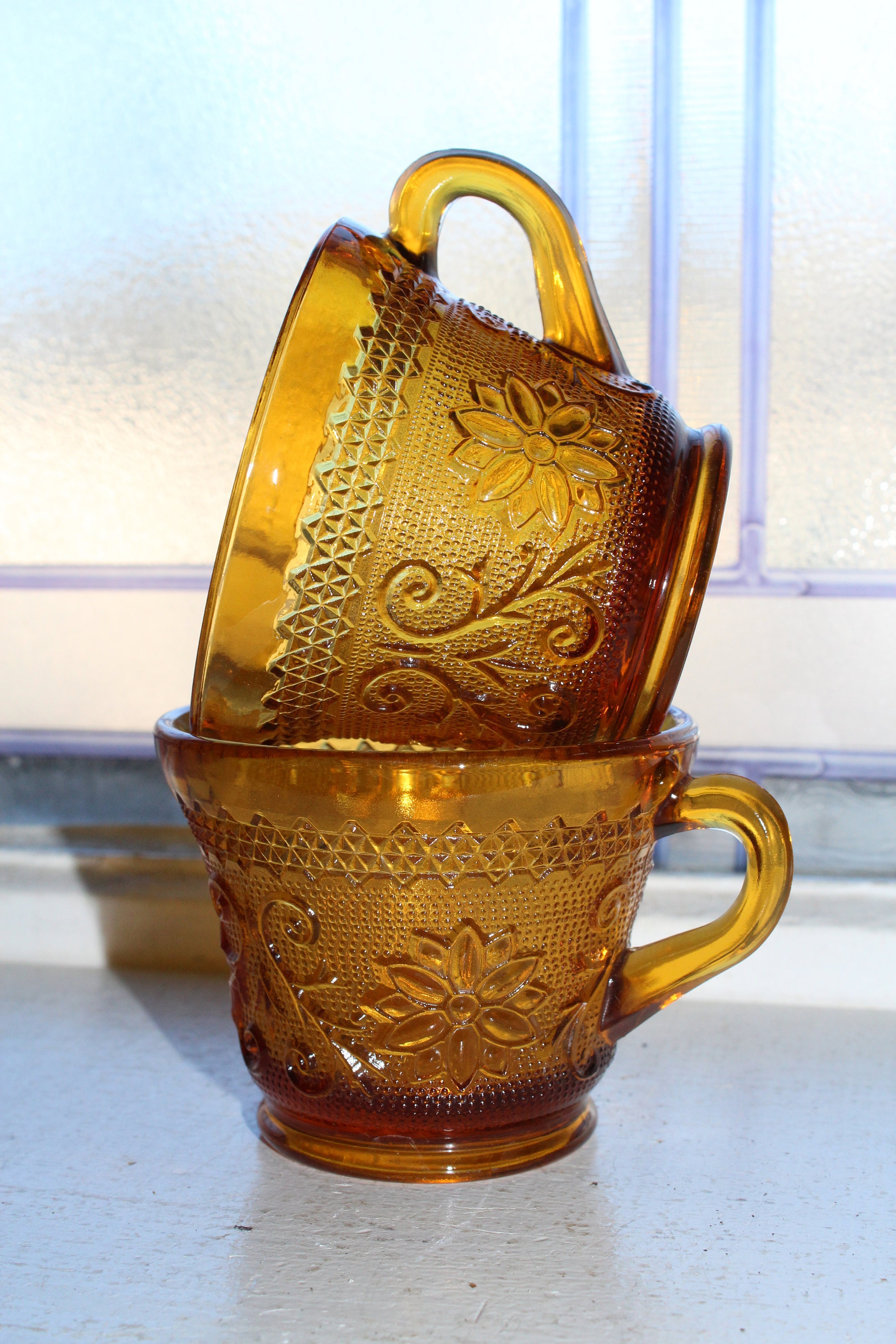 Amber Brown Depression Glass Cups Pair Sandwich Glass