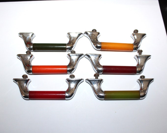 6 Art Deco Cabinet Door Drawer Pulls Handles Bakelite & Chrome 1930s