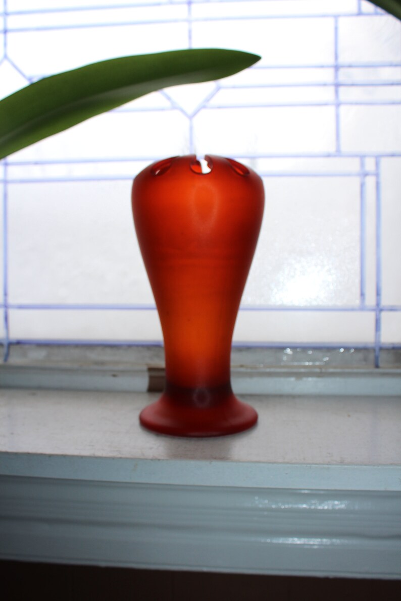 Vintage Tiffin Glass Orange Satin Vase Flower Arranger Openwork 1930s