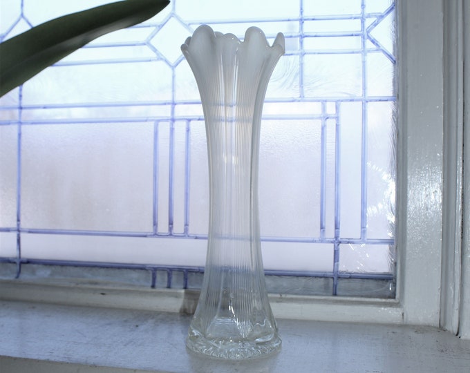Antique Opalescent Stretch Glass Vase White Fenton Fine Rib