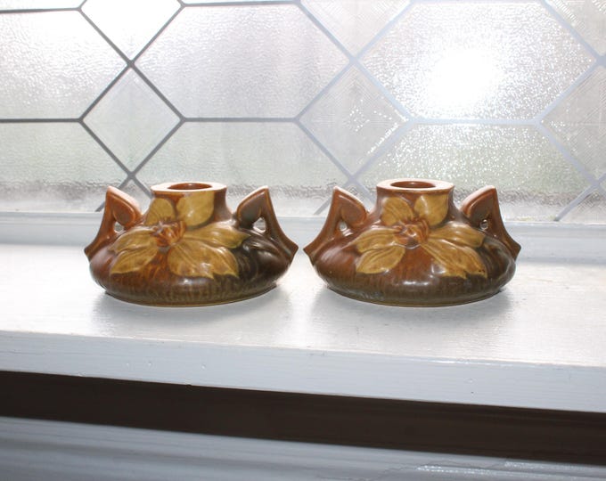 Roseville Pottery Clematis Candle Holders Pair Vintage 1940s