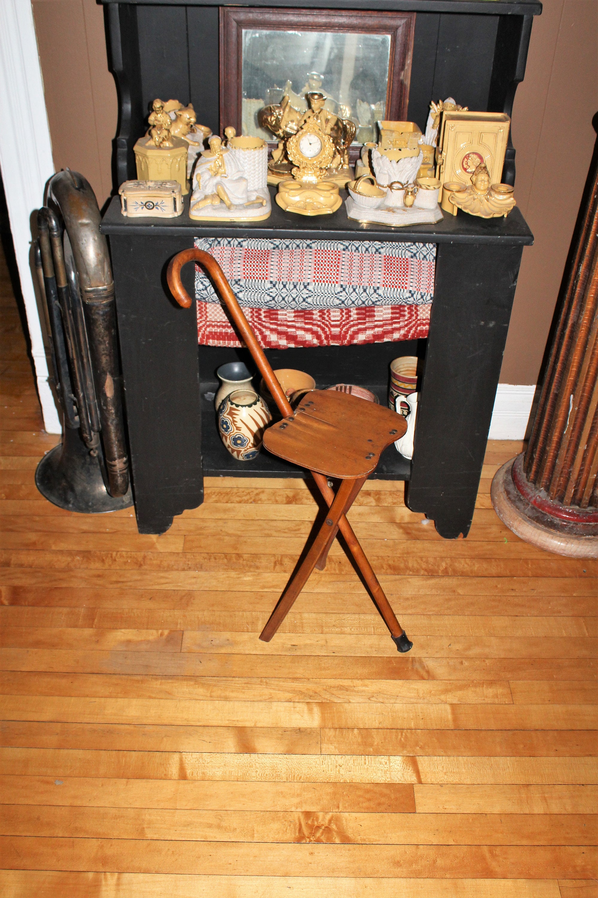 Antique Walking Stick Folding Seat Combination Wood Cane