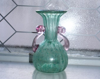 Vintage Cozeta Murano Scavo Glass Vase Iridescent Pink Green Amphora with Applied Handles
