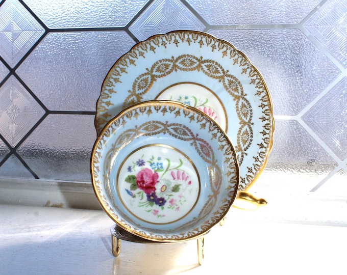Vintage Paragon Bone China Tea Cup and Saucer Pink Roses Gold Filigree on Blue