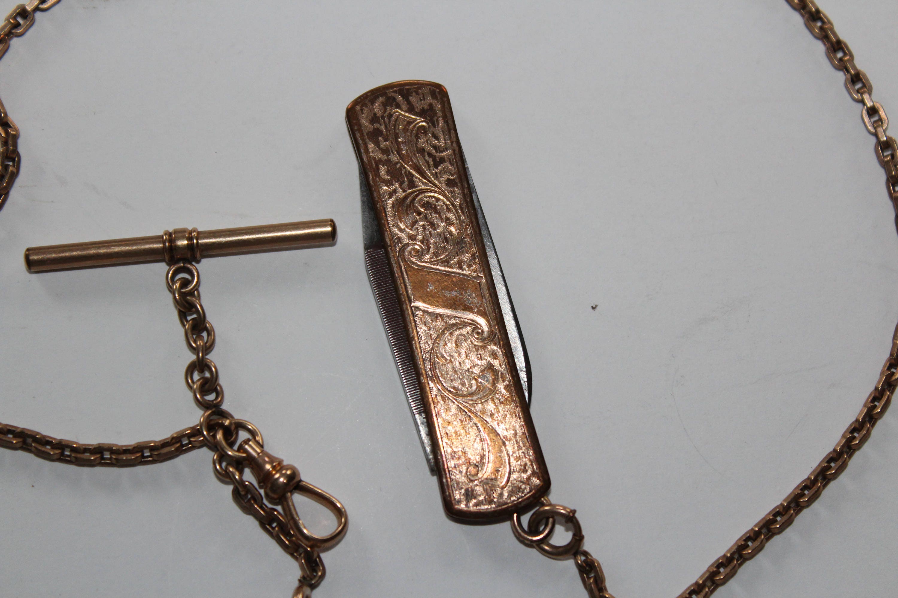 Antique Pocket Watch Chain with Knife and Cameo Fob