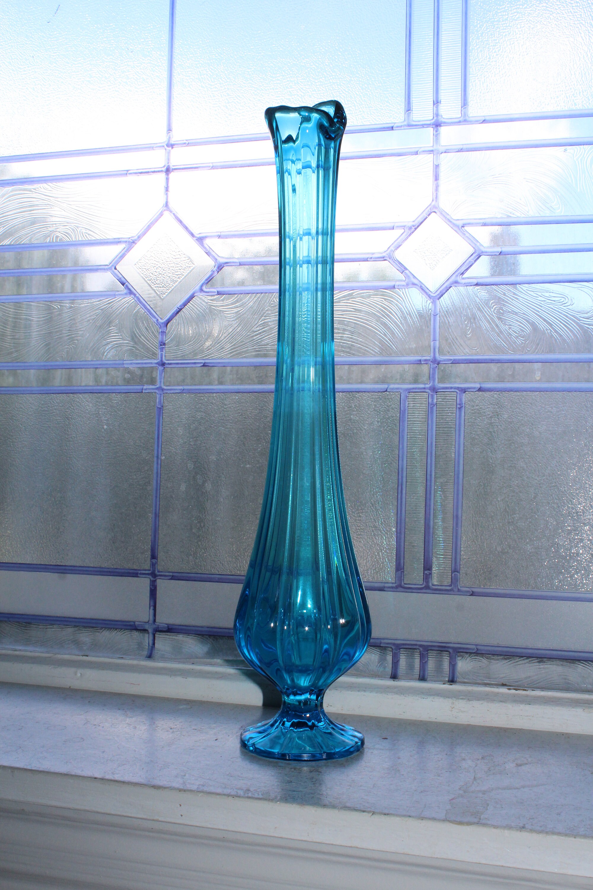 Large Blue Swung Glass Vase 15.25 Vintage Mid Century Modern