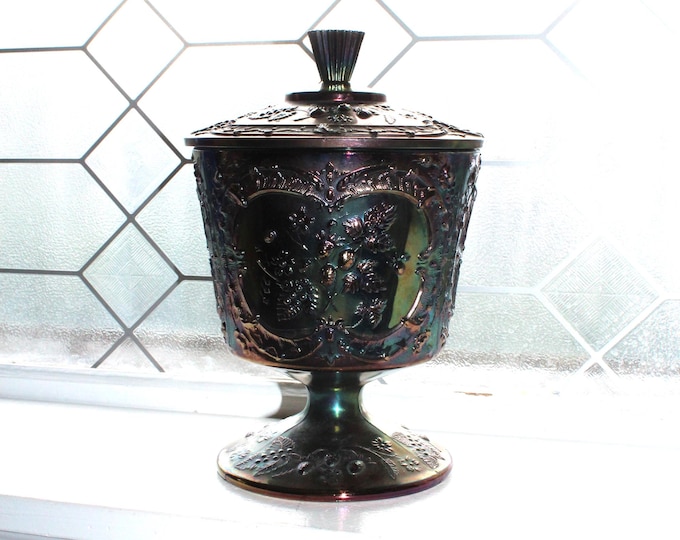 Vintage Fenton Carnival Glass Covered Pedestal Dish Jar Amethyst Wild Strawberry