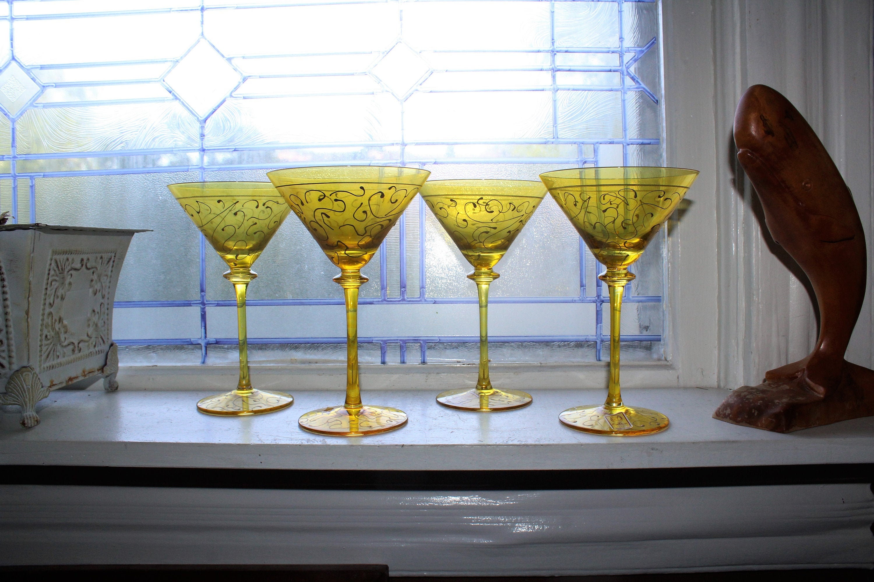 4 Hand Painted Crystal Large Martini Glasses Royal Danube Romania