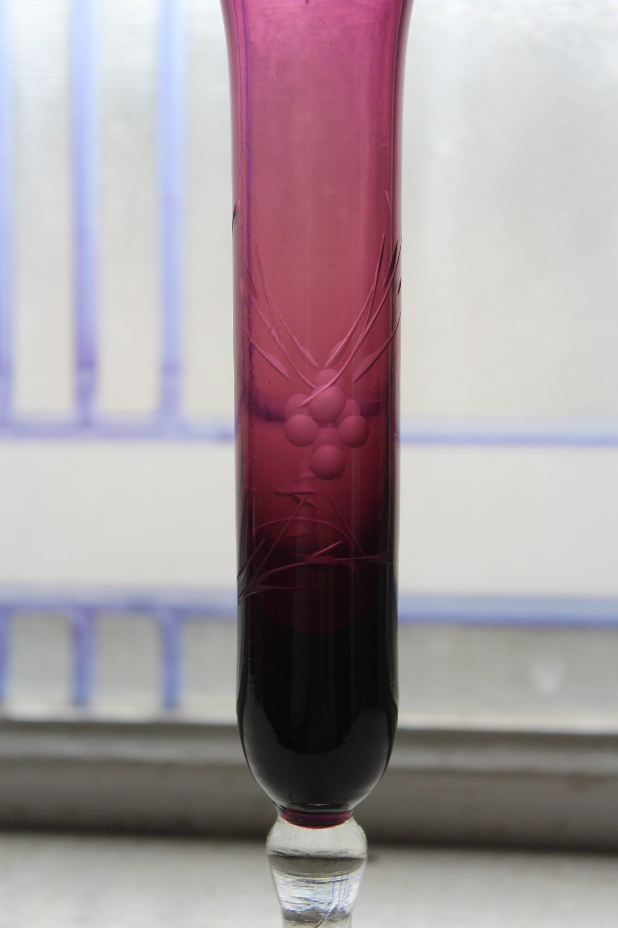 Vintage Etched Amethyst Purple Glass Bud Vase