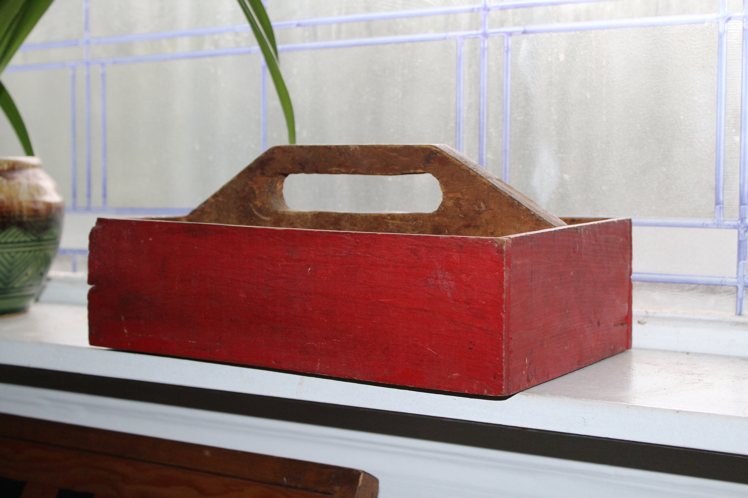 Vintage Wooden Garden Tote Cutlery Box Red Farmhouse Decor