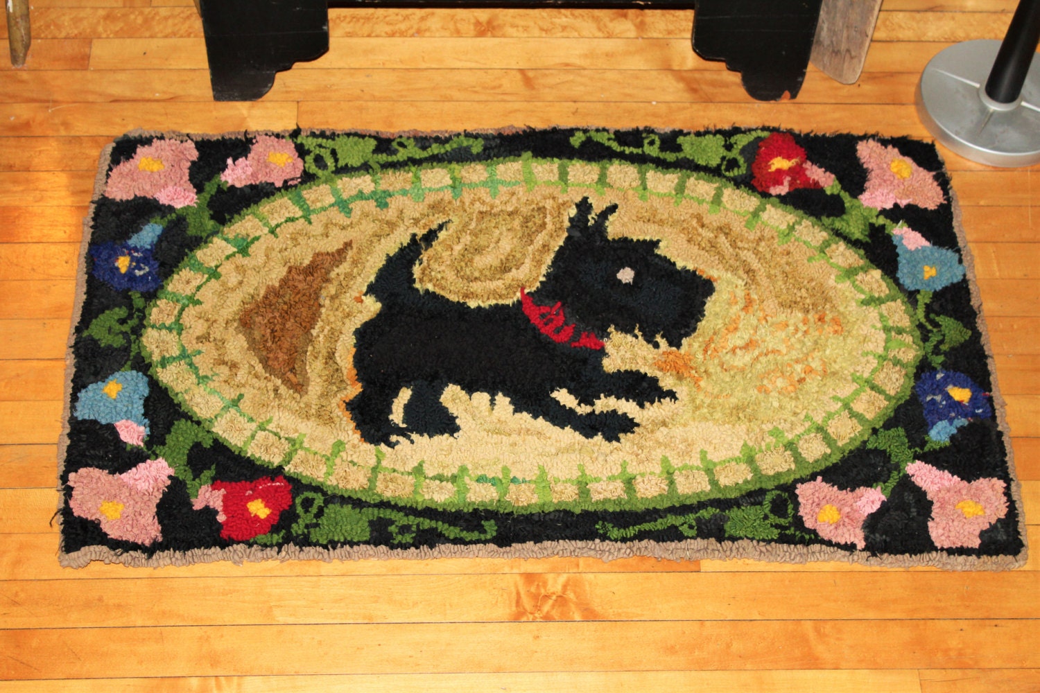 Antique Hooked Rug Scotty Dog Hand Made Folk Art 42 x 24
