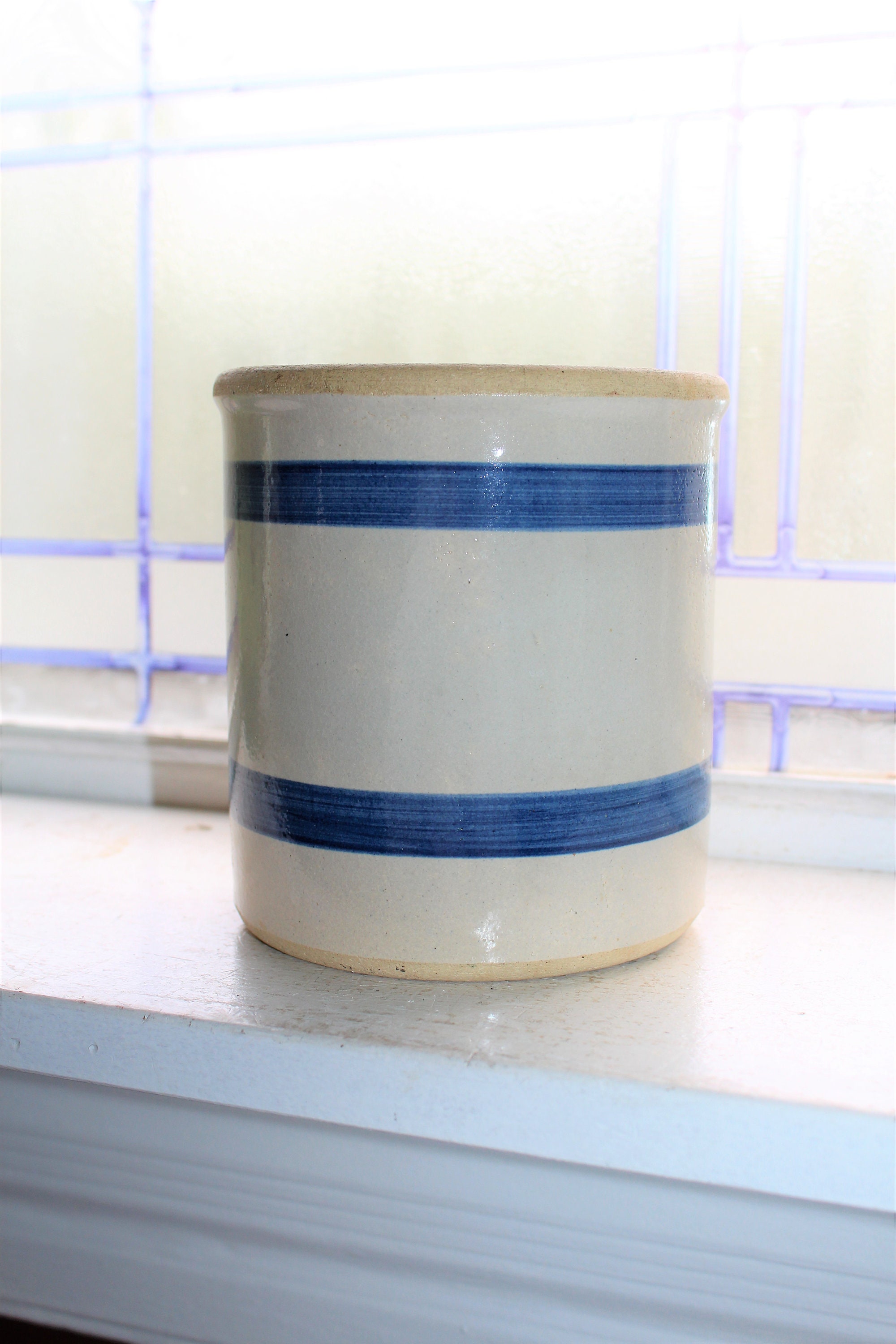 Vintage Blue Striped Crock Jar Stoneware Rustic Farmhouse Decor