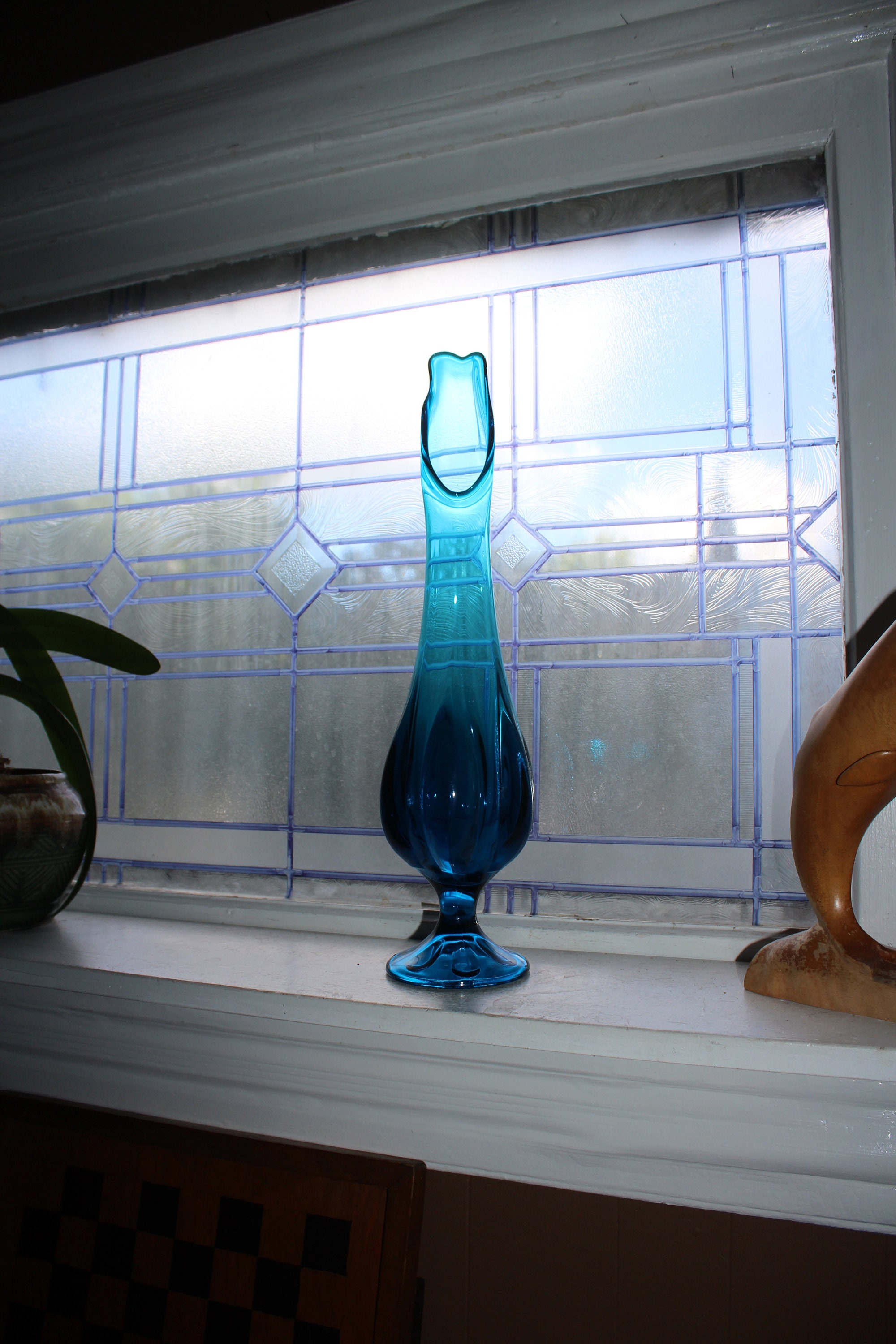 Large Blue Swung Glass Vase 17.5 Vintage Mid Century Modern