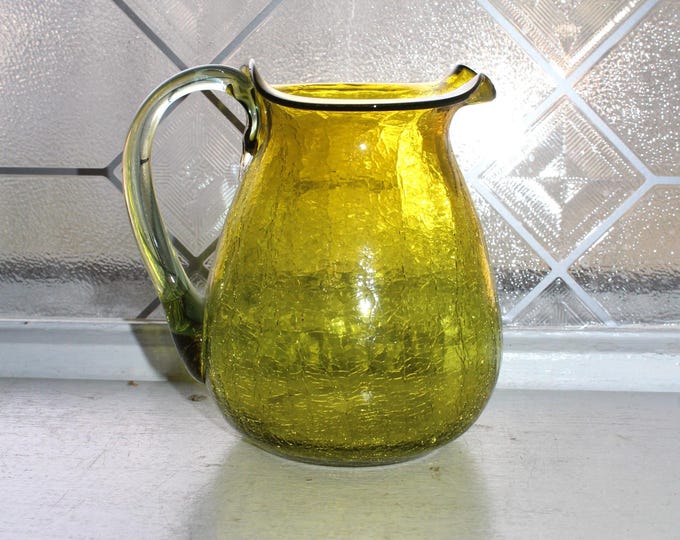 Vintage Yellow Green Crackle Glass Pitcher Mid Century Decor