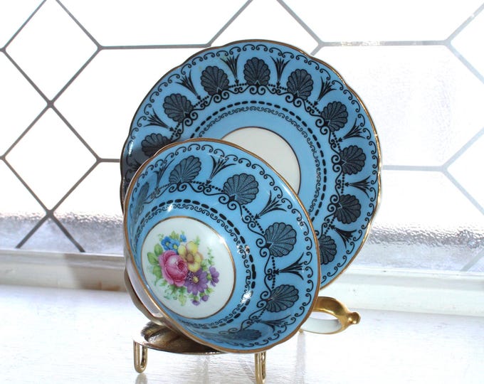 Vintage Royal Bayreuth Blue Cup and Saucer Floral Bouquet Black Art Deco Trim
