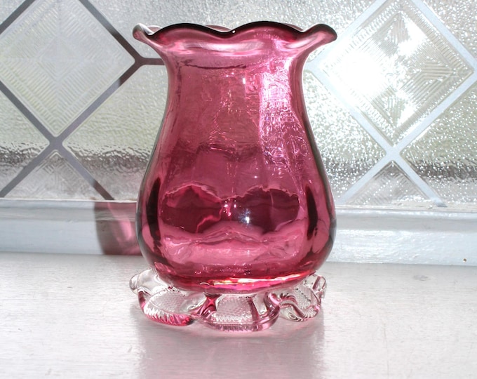 Mid Century Pilgrim Cranberry Glass Vase with Clear Crimped Base
