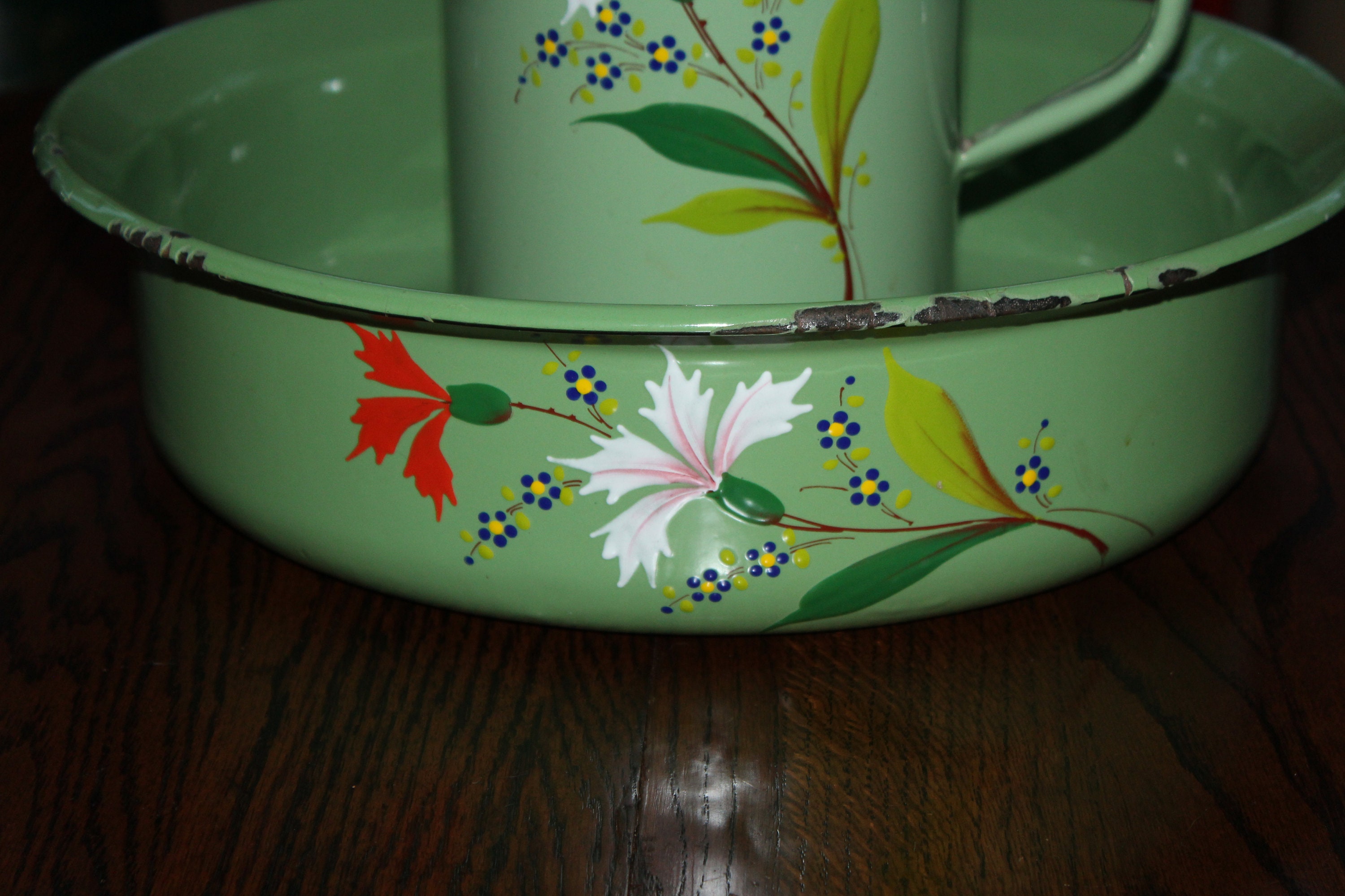 Antique Pitcher & Bowl Green Enamelware with Flower Decoration