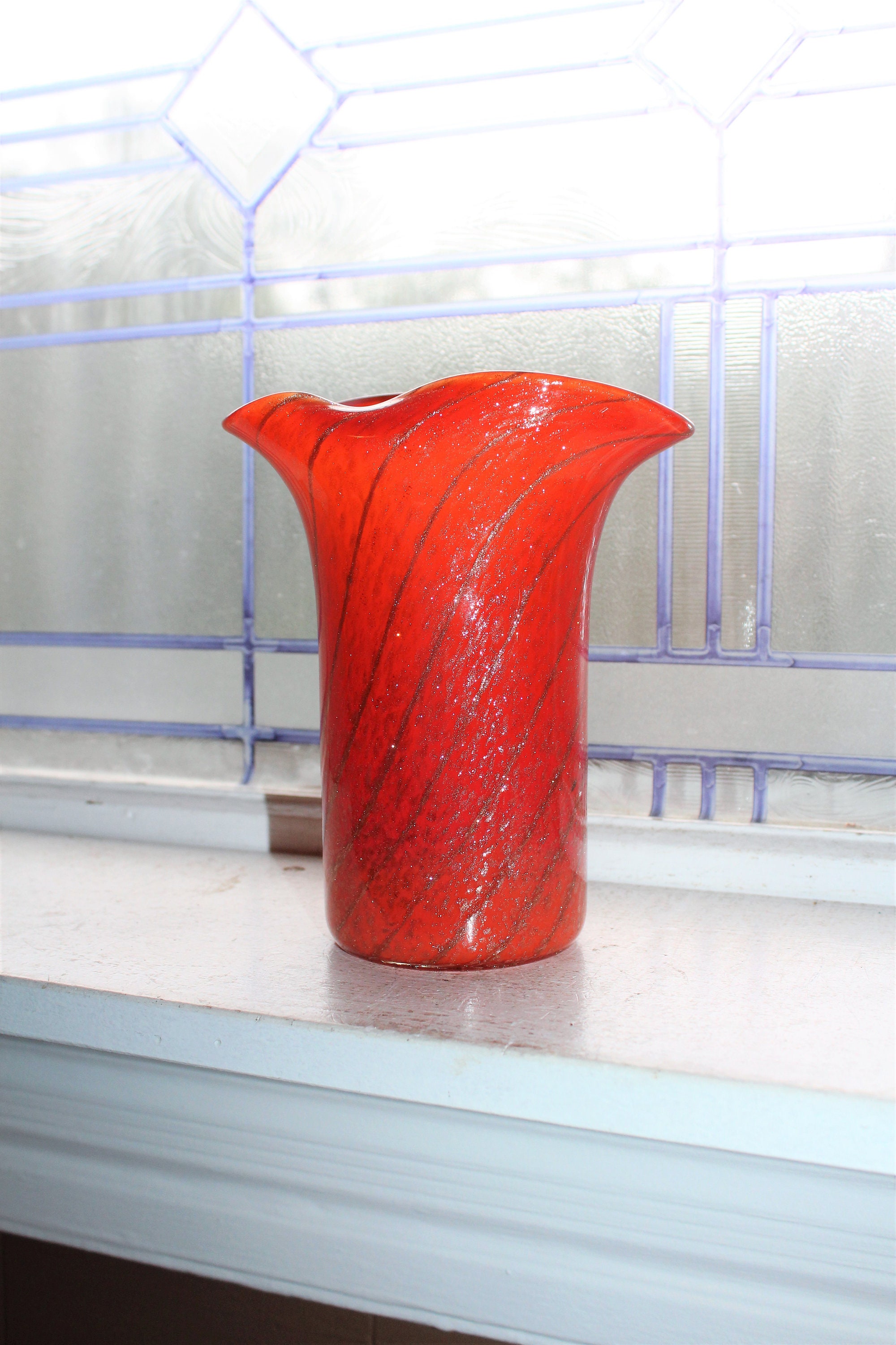 Vintage Murano Glass Vase Orange with Metallic Flake Spirals 1950s