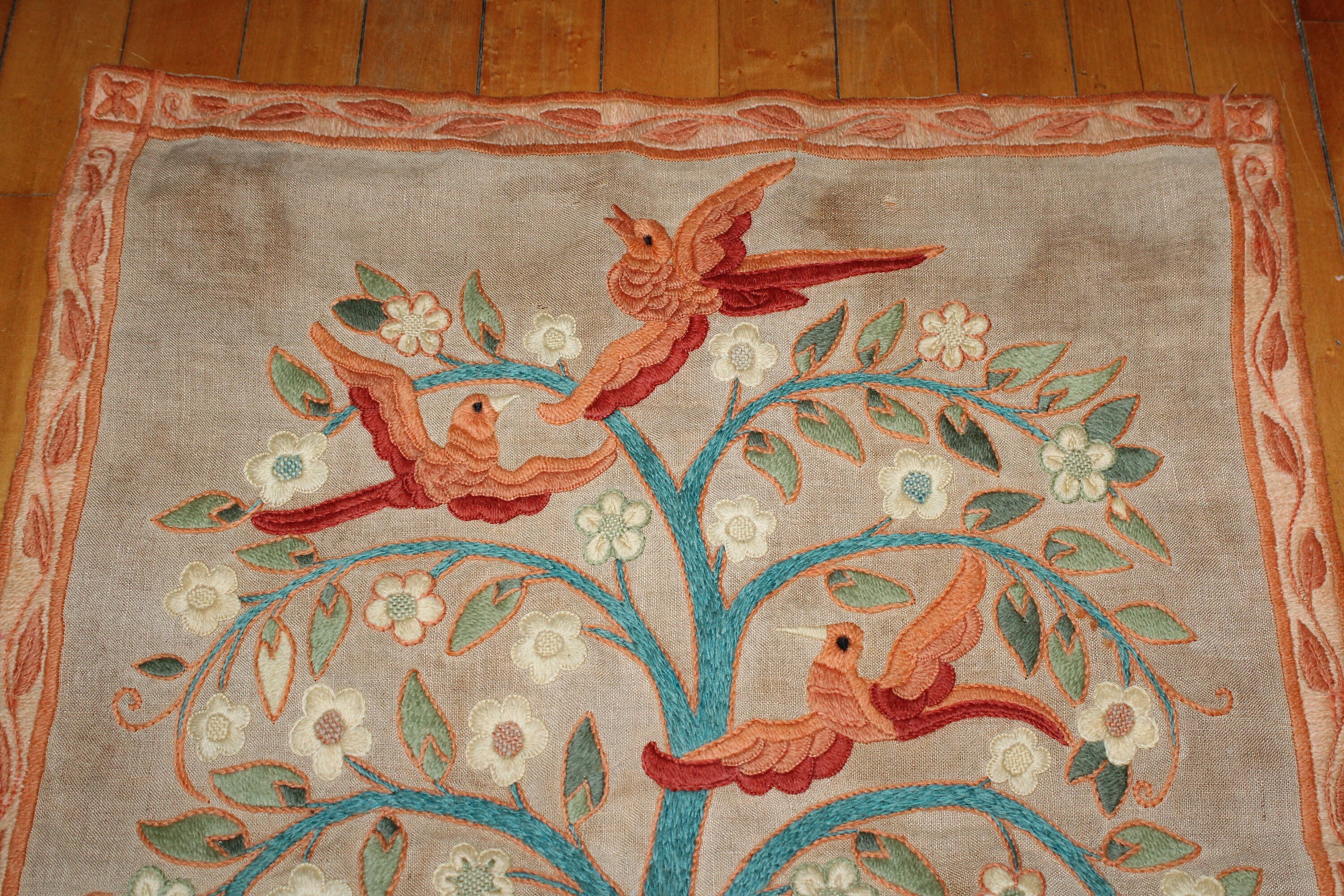 Vintage Embroidered Tapestry Folk Art Dated 1930 Gazelles Birds Tree