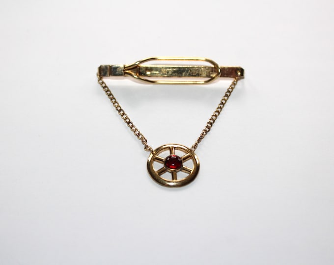 Vintage Hadley Tie Bar Clip with Wheel and Red Stone