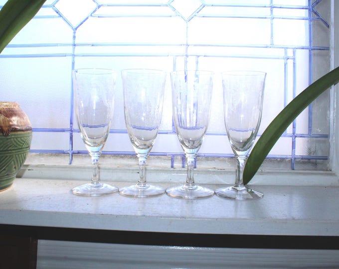 4 Vintage Etched Champagne Glasses Bohemia Crystal CRYSTALEX Thistle Pattern