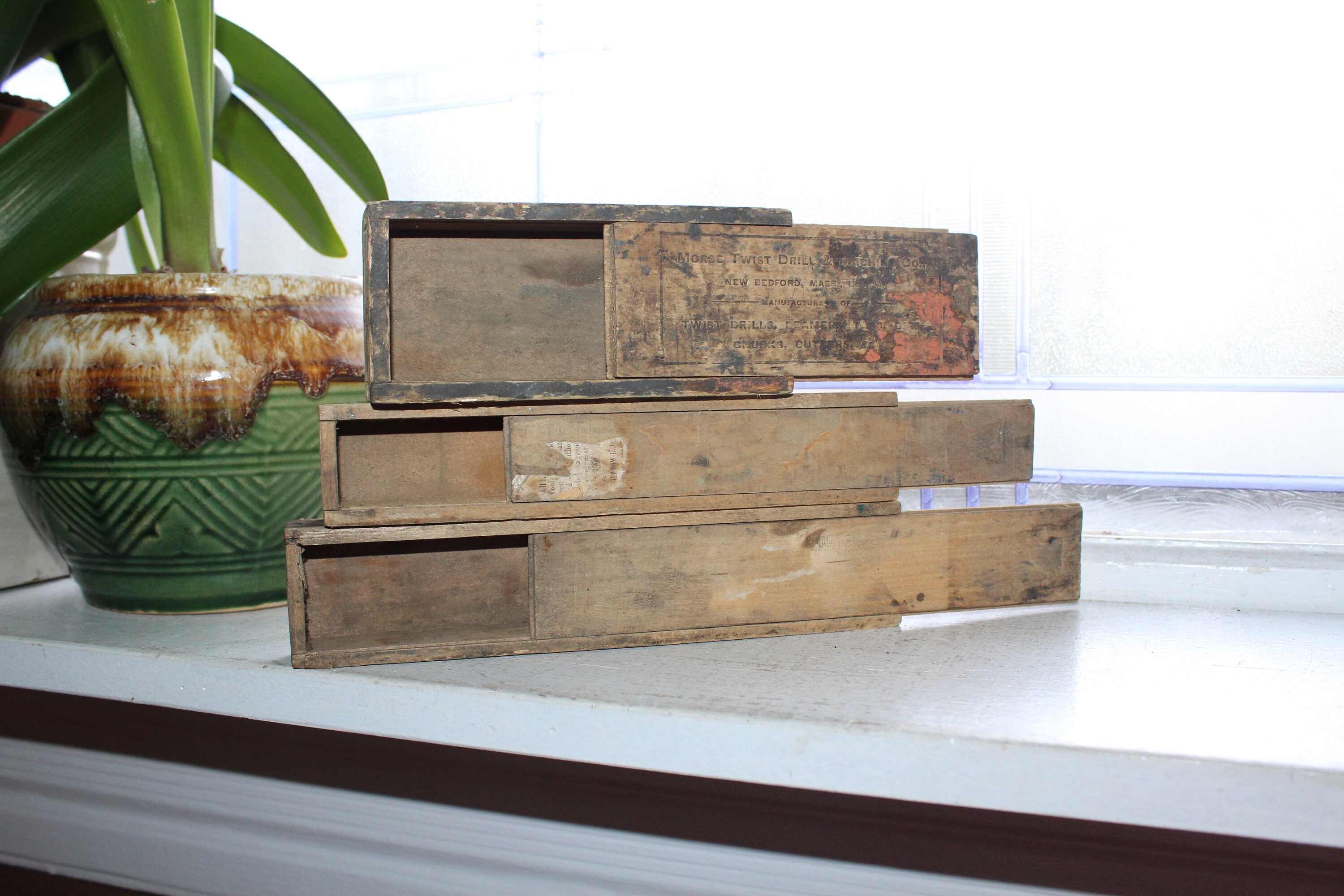 3 Vintage Wood Drill Bit Boxes with Sliding Lids & Dovetailing 1940s