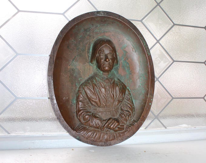 Antique Copper Portrait Relief Plaque Old Woman