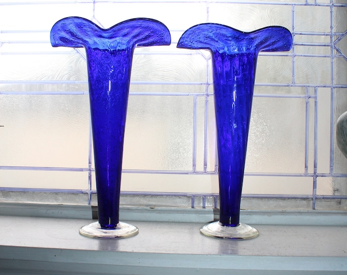 Vintage Cobalt Blue Glass Trumpet Vases Pair Spiral Bubble Pattern 12"