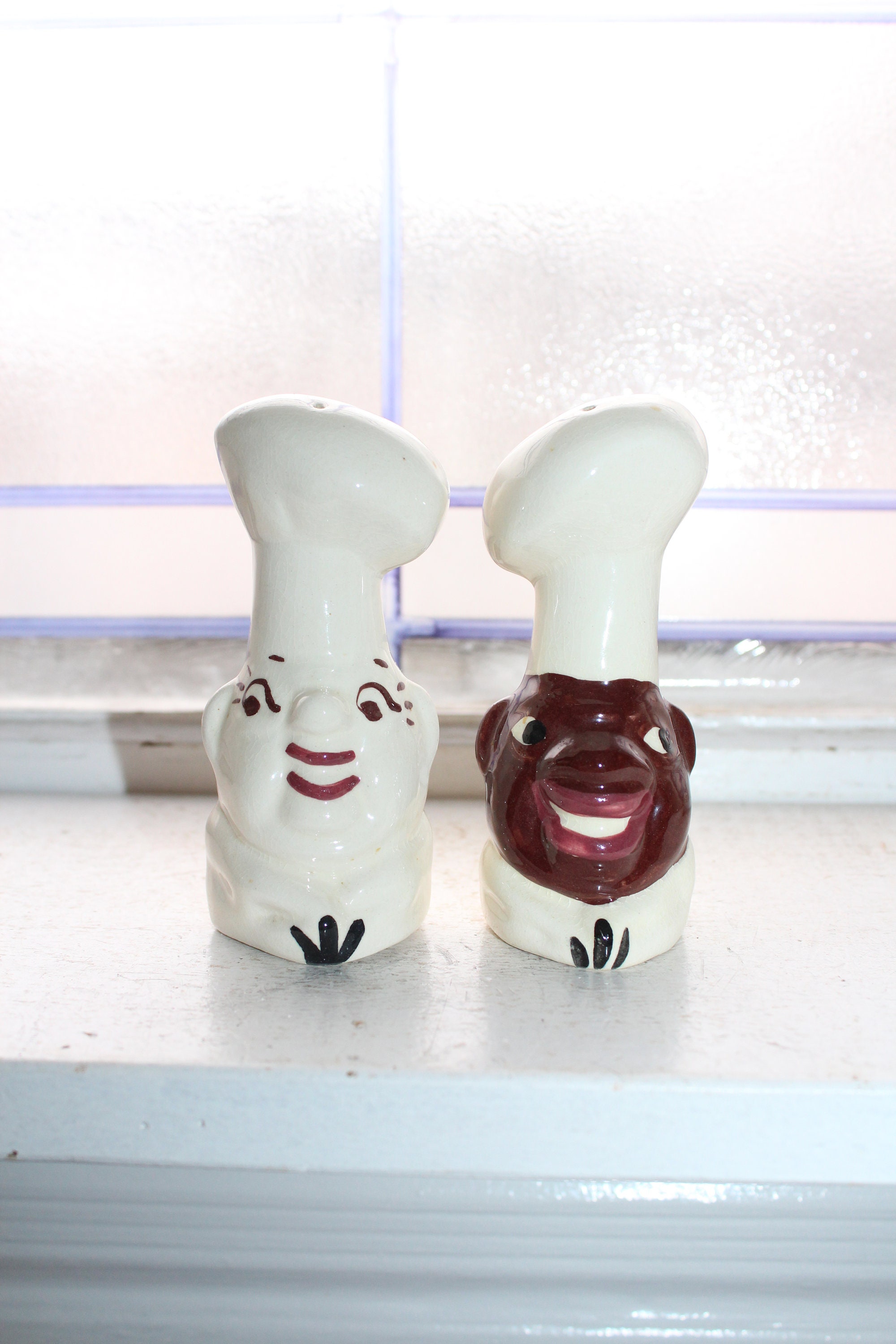 Large Vintage Salt and Pepper Shakers Black and White Chefs