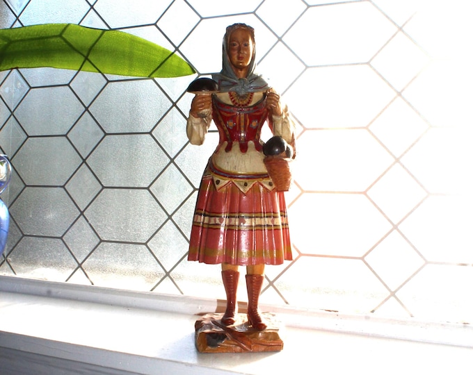 Large Vintage Carved Wood Italian Neapolitan Presepe Statue Woman w/ Mushrooms