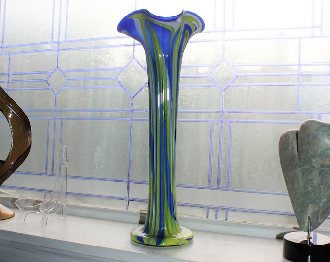 Large Swung Glass Vase 16" Blue Yellow White Darin Johnson 92