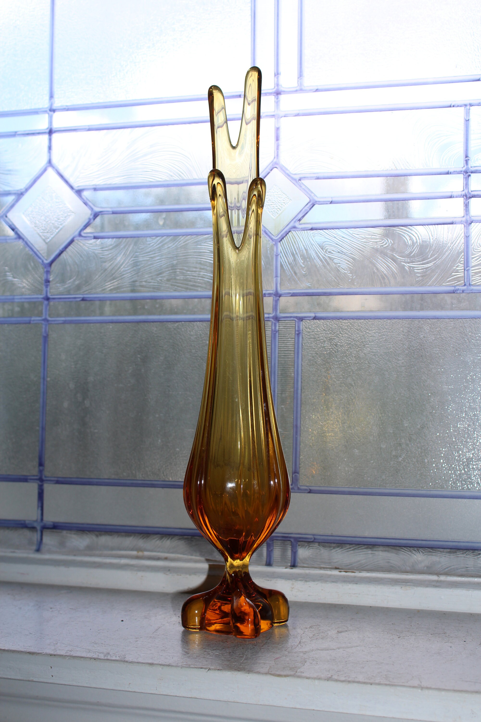 Large Amber Swung Glass Vase 15.25 Vintage Mid Century Modern