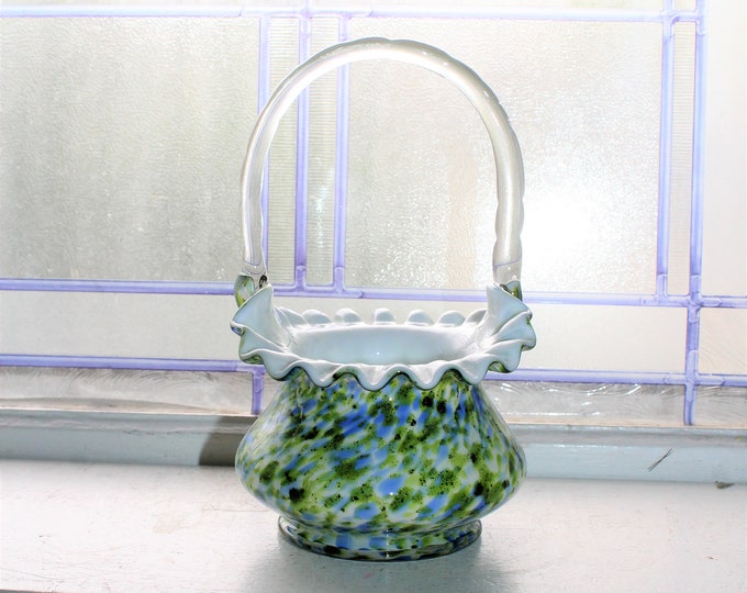 Fenton Glass Basket Aventurine Vasa Murrhina Green Blue Vintage 1960s