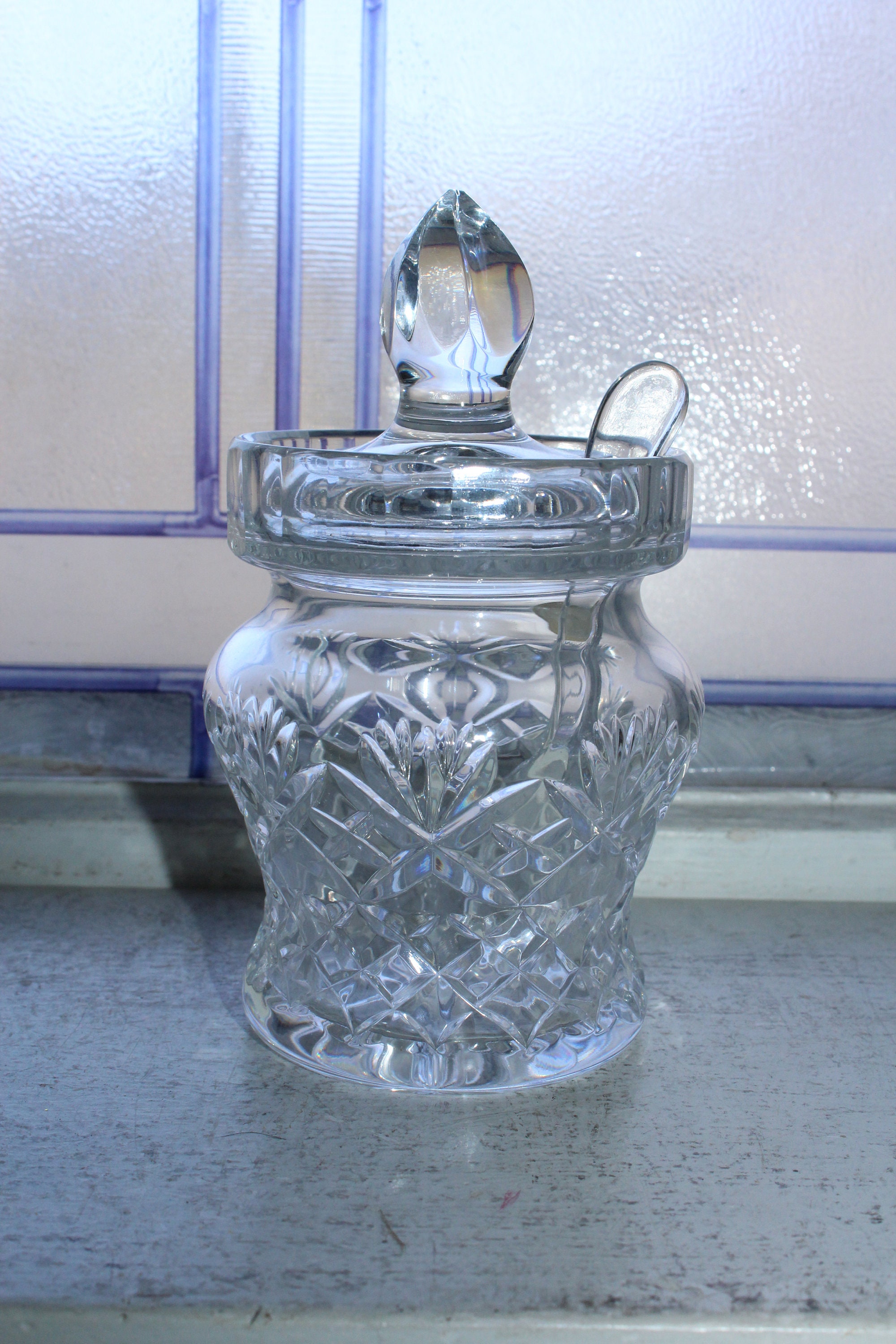 Vintage Crystal Jam Jar with Lid and Spoon Made in Poland