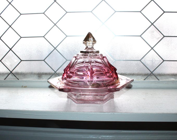 Antique EAPG Northwood Glass Round Butter Dish Atlas Pink Blush
