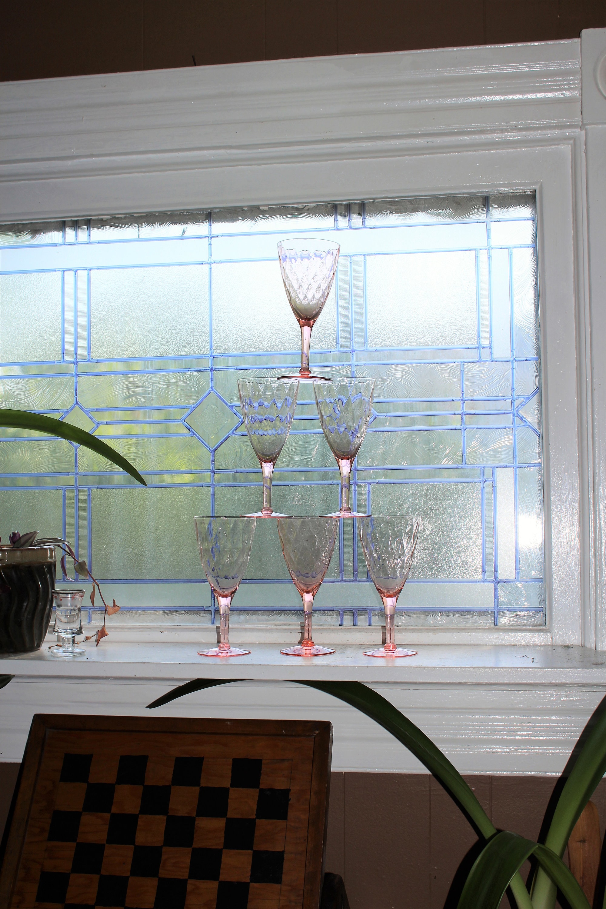 6 Pink Depression Glass Wine Glasses 1930s Diamond Optic