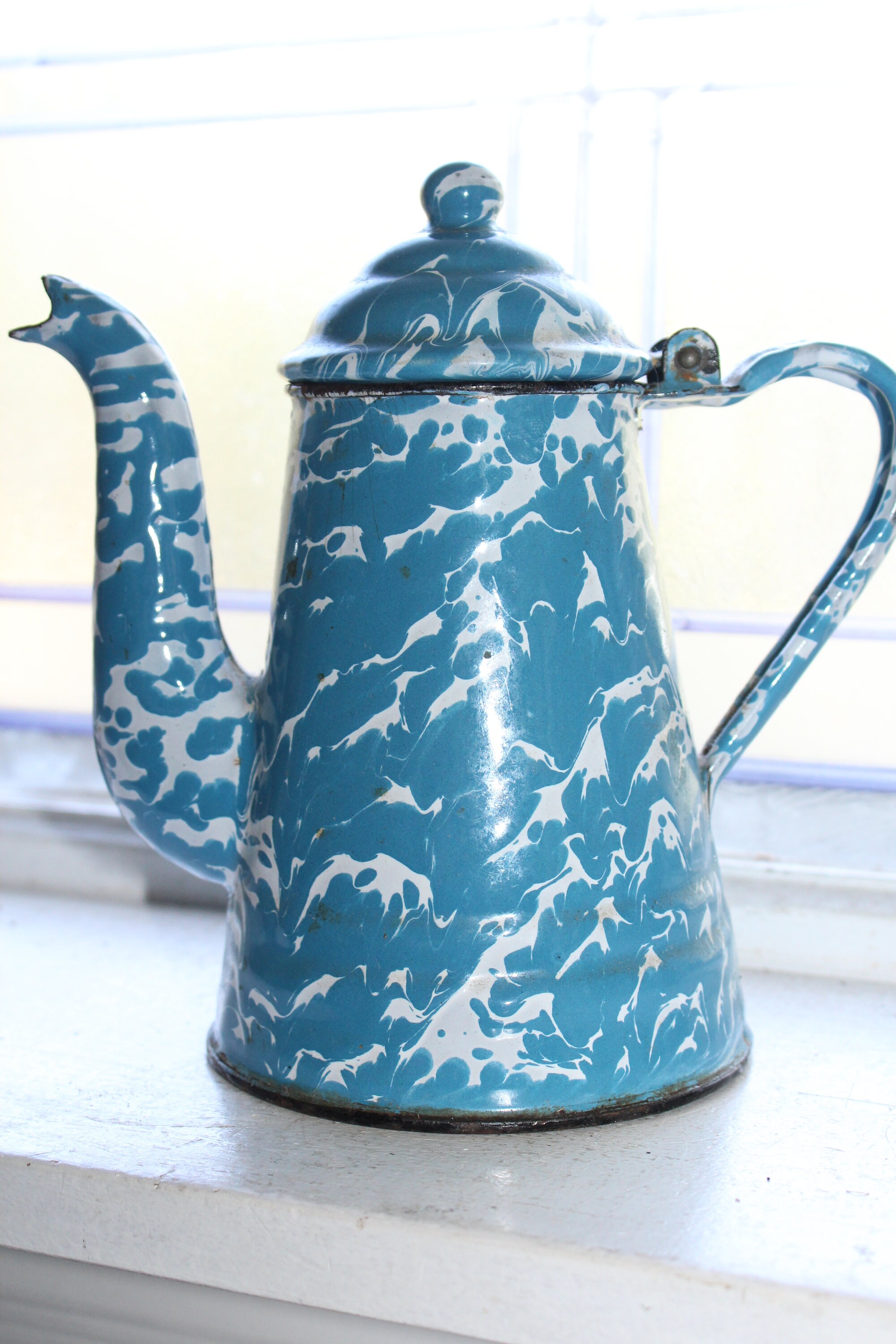 Antique Blue & White Swirl Graniteware Goose Neck Coffee Pot