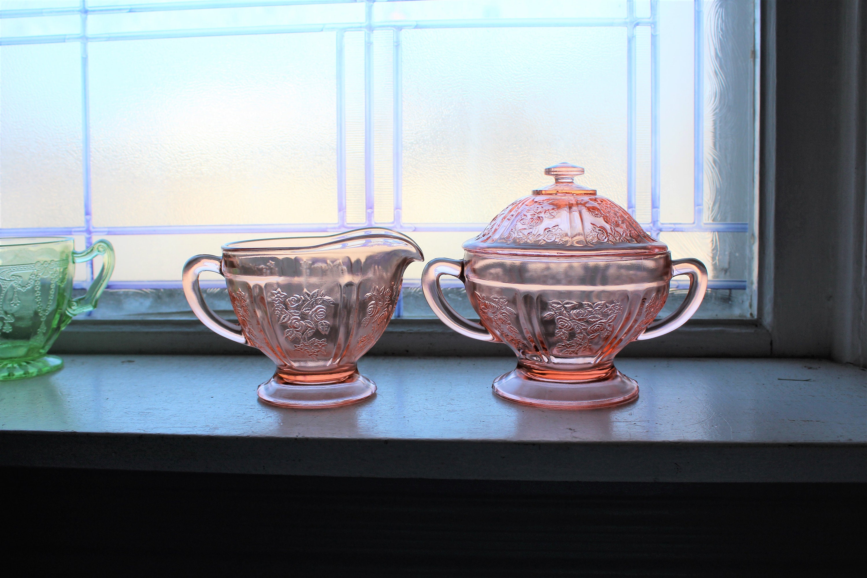 Pink Depression Glass Sugar Bowl and Creamer Sharon Cabbage Rose 1930s