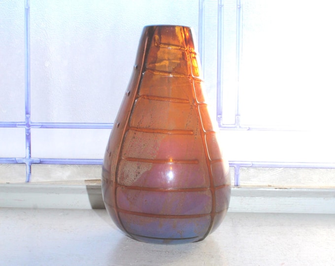 Vintage Iridescent Art Glass Vase with Applied Thread Block Pattern
