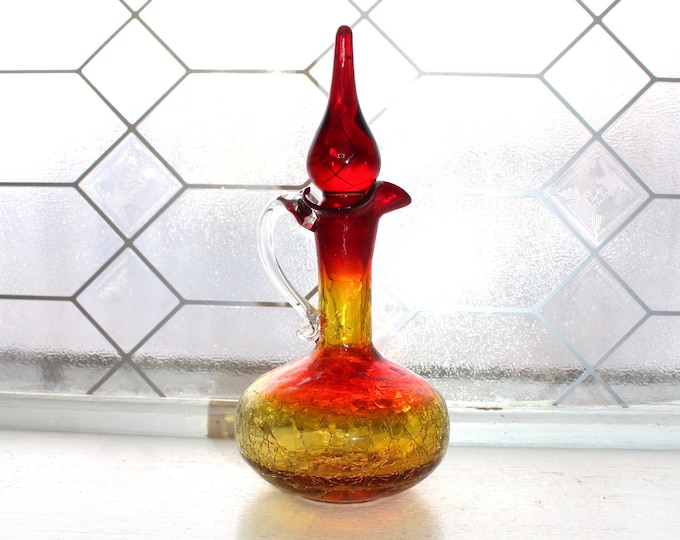 Vintage Mid Century Amberina Crackle Glass Decanter Pitcher w/ Teardrop Stopper