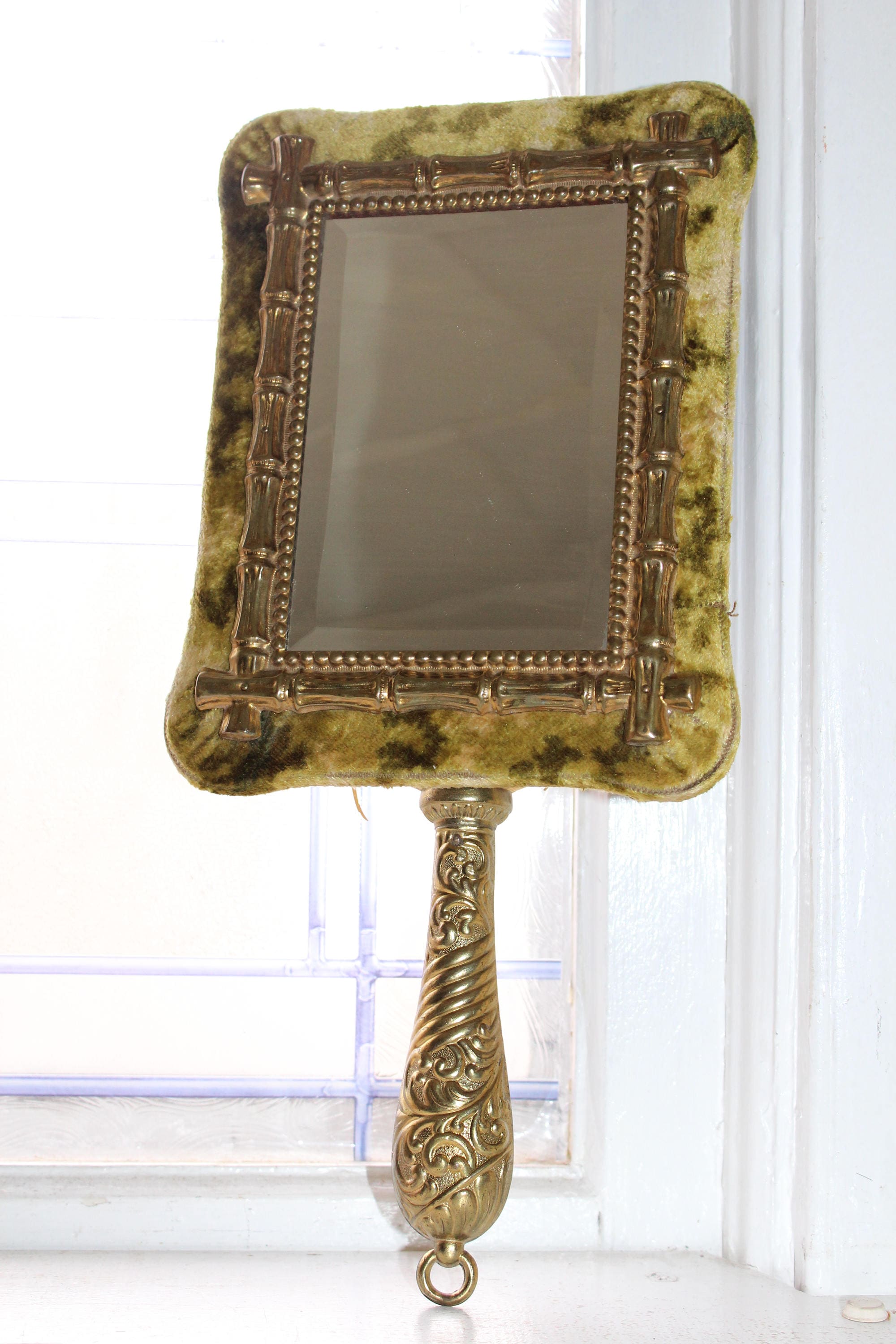 Antique Victorian Whisk Broom Holder Mirror Combo Gold Wash Repoussé
