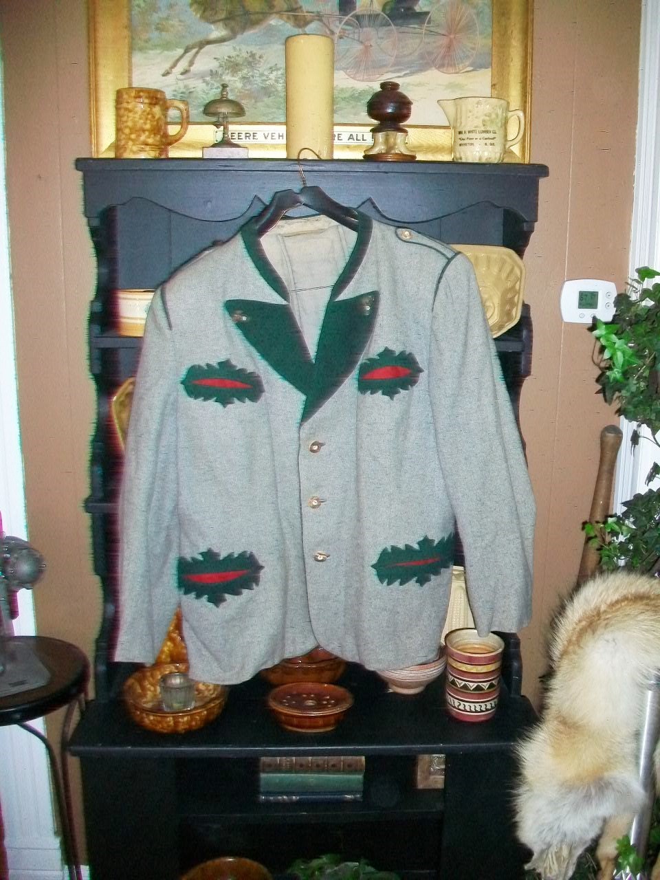 Vintage Men's Gray Wool German Hunting Jacket Antler Buttons and Green