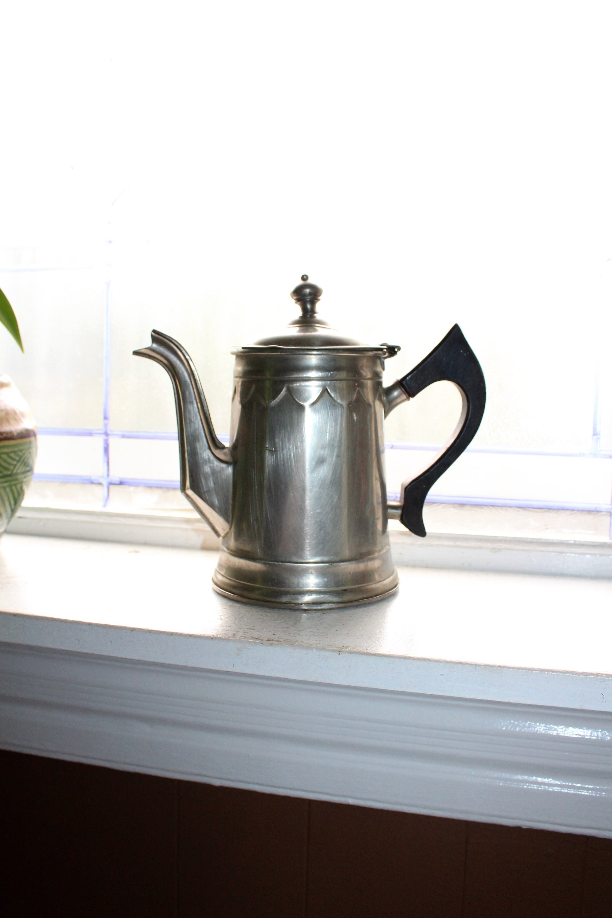 Antique Teapot Tin on Copper with Black Wood Handle