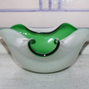 Vintage Mid Century Art Glass Bowl Green and White Cased Glass