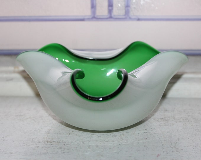 Vintage Mid Century Art Glass Bowl Green and White Cased Glass